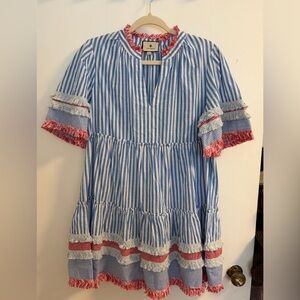 Tuckernuck Blue and White Striped Top with Red Fringe